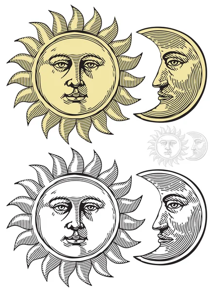 Vector illustration of Sun and Moon with faces — Stock Vector
