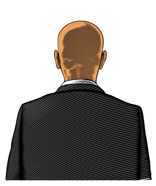 Bald man in suit from back or rear view in engraved style clipart