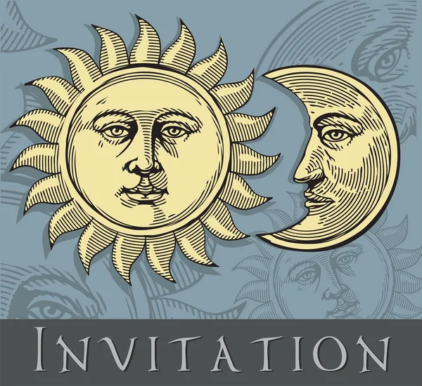 Sun and Moon with faces in engraved style — Stock Vector