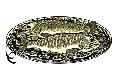 Vector illustration of roasted fish in vintage engraved style clipart