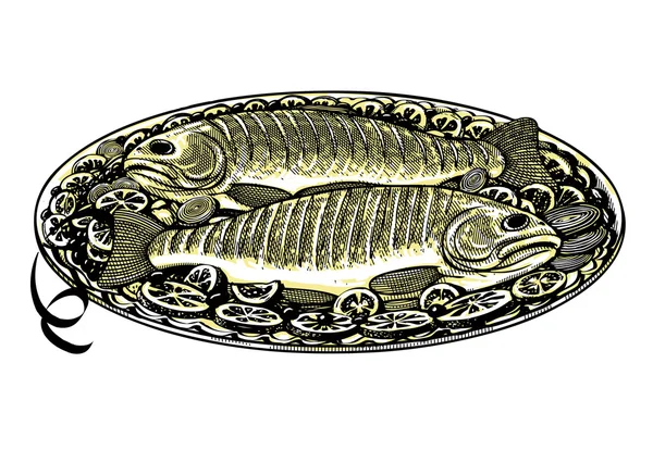Vintage oyulmuş tarzında kızarmış balık vektör çizim — Stok Vektör