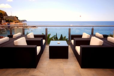 Beautiful terrace view of Mediterranean seascape clipart