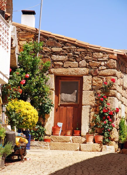 Старый каменный дом с дверью и цветами — стоковое фото