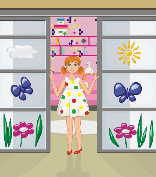 Рыжая девушка в дверях своей комнаты
