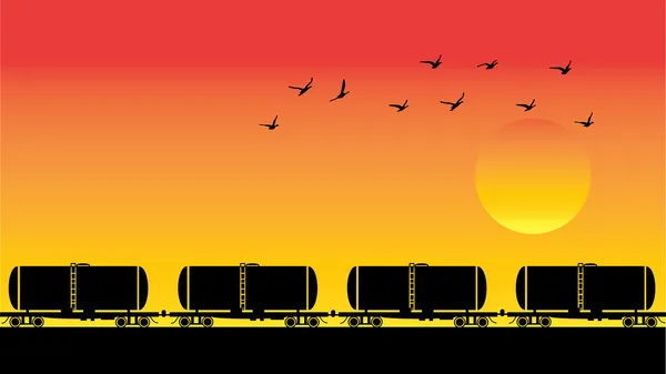 Tank wagons, birds and sunset — Stock Vector