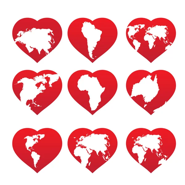 Continentes dentro do quadro coração vermelho — Vetor de Stock