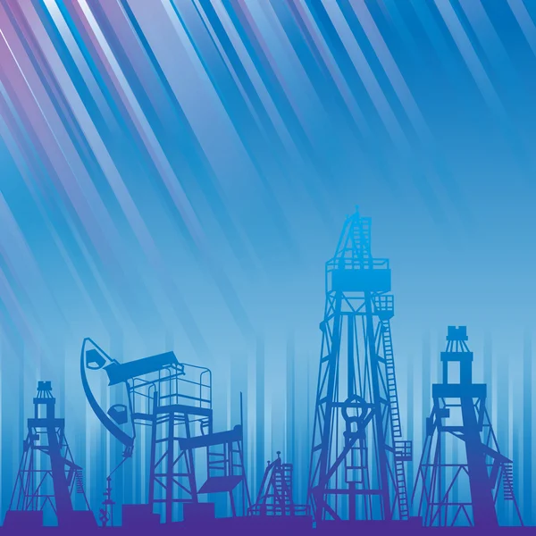 Oil rig and pump over blue luminous rays. — Stock Vector