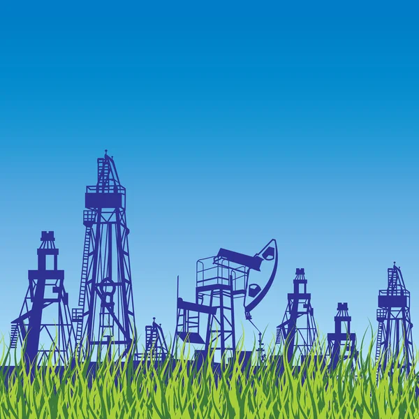 Oil rig and pump over blue background with grass. — Stock Vector