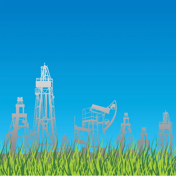 石油掘削装置、ポンプ、草で青の背景. — ストックベクタ