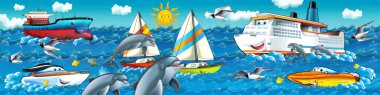 Cartoon seascape with different ships clipart