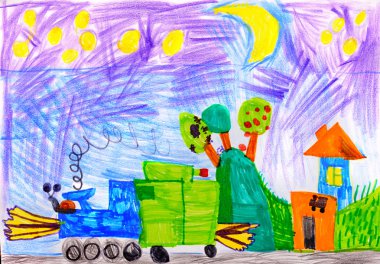 Children's drawing. night and train clipart