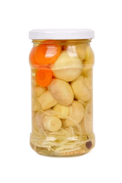 Canned mushrooms and carrots. — Stock Photo, Image