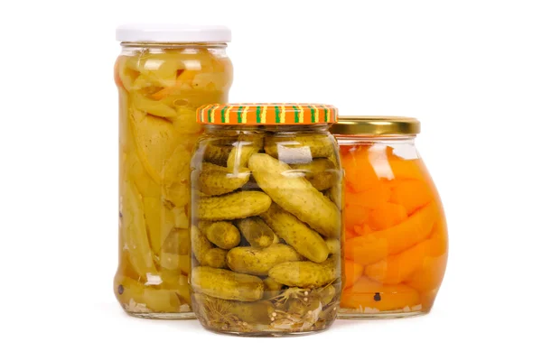 Konzervované zeleniny. okurky, papriky a žampiony — Stock fotografie