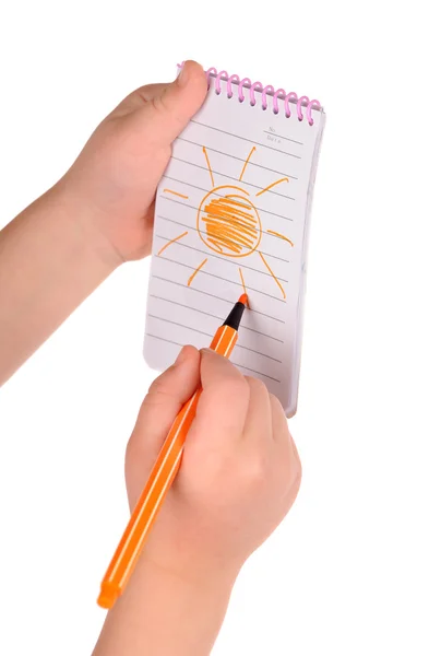 Sonne in einem Notizbuch gemalt — Stockfoto
