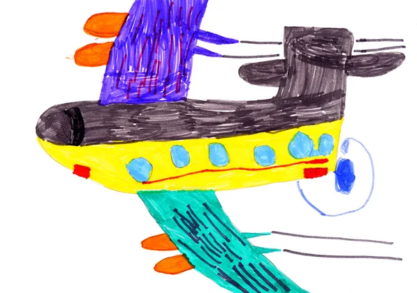 Flugzeug. Kinderzeichnung auf Papier — Stockfoto