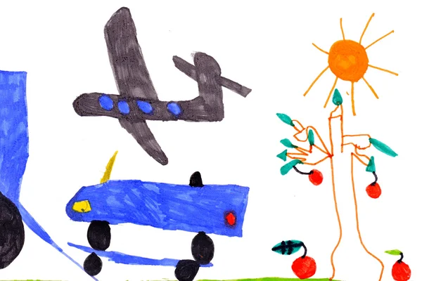 Детский рисунок. самолет, автомобиль, дерево, солнце — стоковое фото