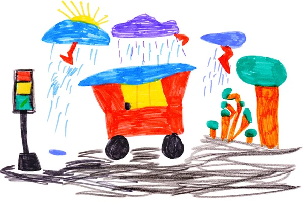 Çocuk çizim. Otomobil ve trafik ışığı — Stok fotoğraf
