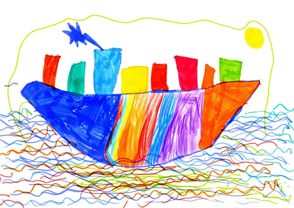 Детский рисунок. корабль и море — стоковое фото