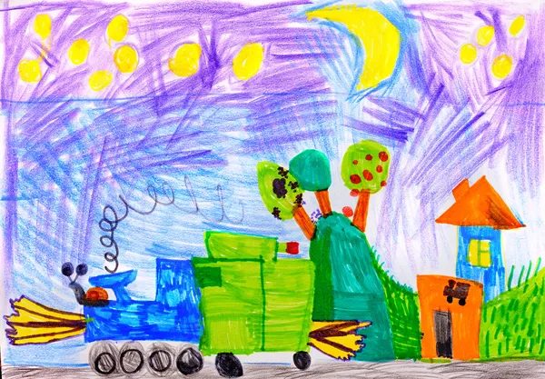 Детский рисунок. ночь и поезд — стоковое фото