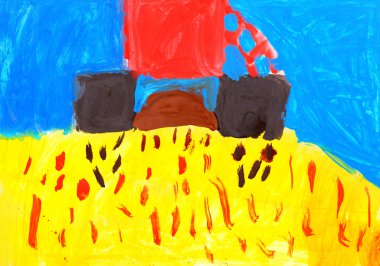 Child's drawing. Combine harvesting wheat. clipart