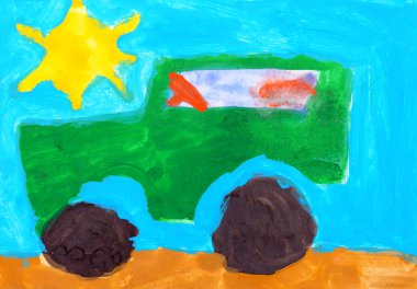 Child's drawing. Jeep drive off road clipart