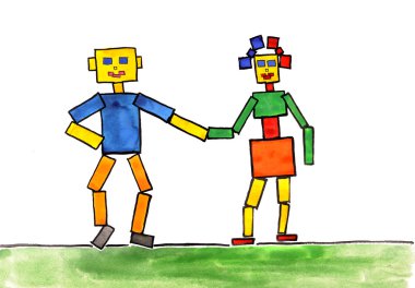 Child's drawing watercolor. the robots clipart