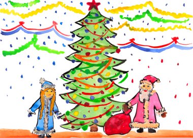 Child's drawing watercolor. New year. clipart