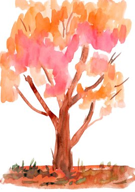 Child's drawing watercolor. Autumn tree clipart