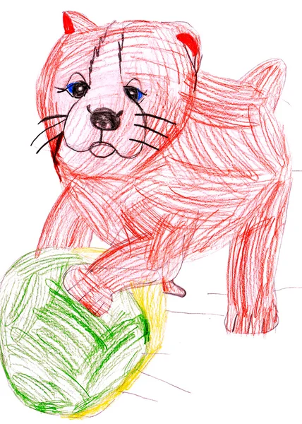 Dog playing with a ball. child's drawing. — Stock Photo, Image