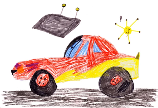 Красная гоночная машина. детский рисунок — стоковое фото