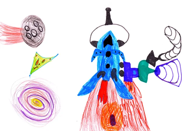 Uzay roketi. Çocuk çizim. — Stok fotoğraf
