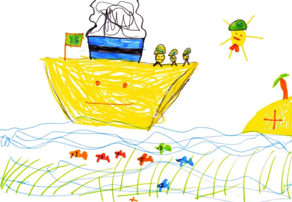 Desen pentru copii. navă și mare — Fotografie, imagine de stoc
