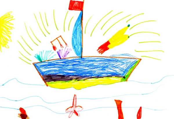 Children's drawing. ship and sea — Stock Photo, Image