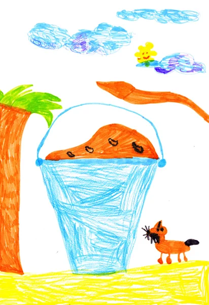 Bucket of food for dogs. child's drawing — Stock Photo, Image