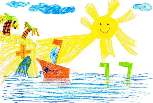 Σκάφος και θάλασσα. παιδική ζωγραφική. — Φωτογραφία Αρχείου