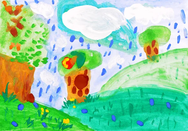 Dibujo de niño. Colinas verdes, árboles y lluvia — Foto de Stock