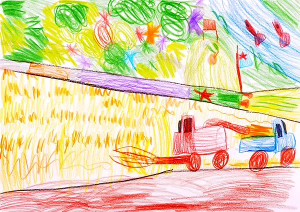 Child's drawing. Combine harvesting a wheat and space rocket. — Stock Photo, Image