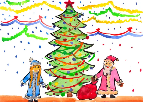 Child's drawing watercolor. New year. — Stock Photo, Image