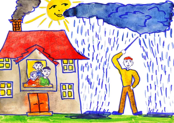 Dětská kresba akvarelem. kouzelník způsobuje déšť — Stock fotografie