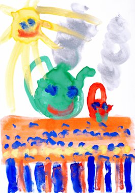 Children's drawing water color paints. Smiling sun, table, tea. clipart