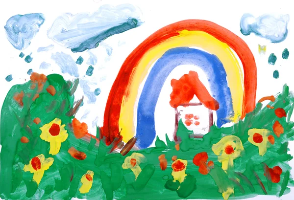 Drawing by hand a water colour. House, meadow, rain, rainbow. — Stock Photo, Image