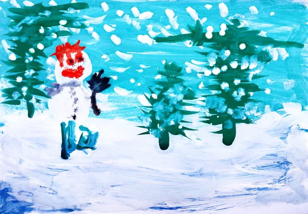 Rita för hand en akvarell. vintern skog med snögubbe — Stockfoto
