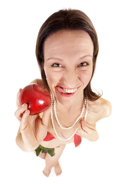 Mujer divertida mostrando manzana —  Fotos de Stock