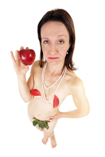 Mulher engraçada segurando maçã — Fotografia de Stock