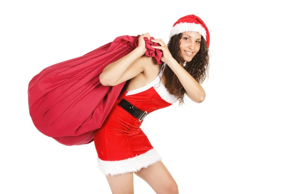 Santa claus woman with bag — Stock Photo, Image