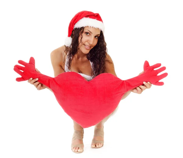 Santa woman holding heart shape — Stock Photo, Image