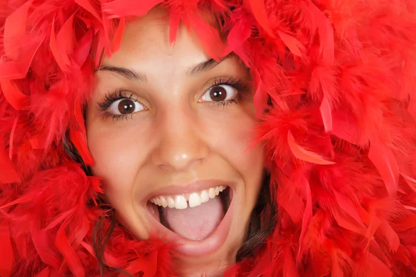Woman portrait in red feather — Stock Photo, Image