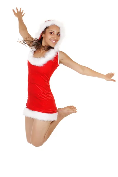 Šťastná žena santa jumping — Stock fotografie
