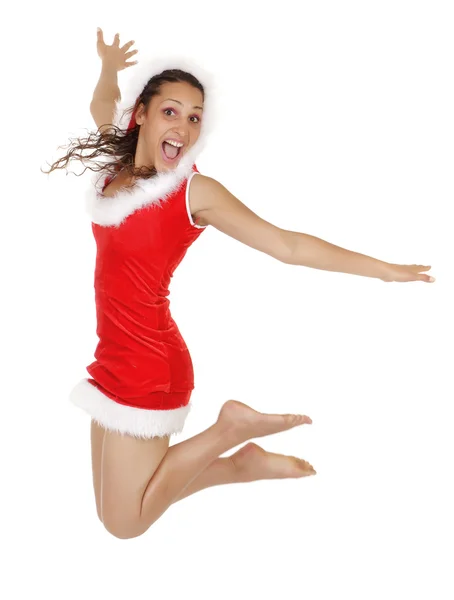 행복 한 산타 여자 점프 — 스톡 사진