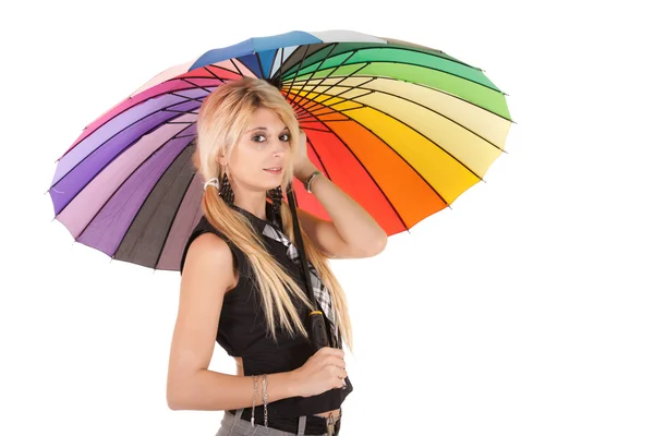 Schoolgirl and rainbow umbrella — Stock Photo, Image